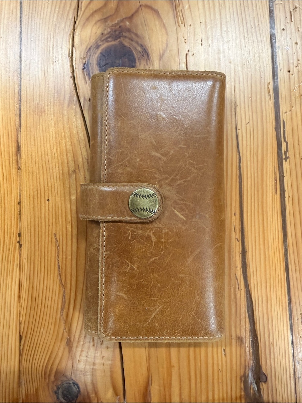 Brown Leather Folio Wallet with Baseball Snap Closure